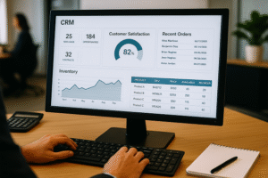 Ordinateur affichant une interface CRM avec des informations de stock dans un environnement de bureau organisé