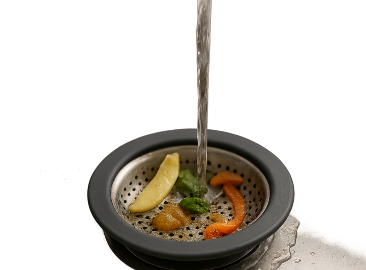 Photo d'un évier moderne équipé d'un bouchon qui retient résidus et graisses. Mise en scène professionnelle soulignant l'efficacité et la facilité d'entretien.