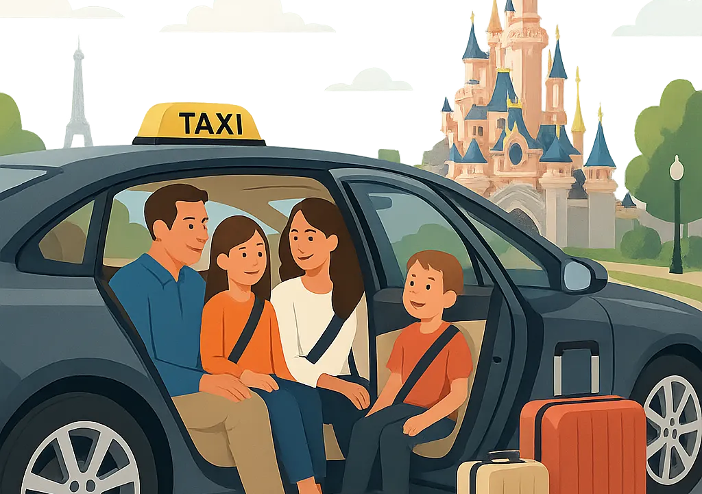 Illustration d’un transfert en taxi vers Disneyland Paris, pensée pour rassurer les familles et voyageurs pressés. L’ambiance doit évoquer confort, ponctualité et simplicité de réservation.