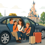 Illustration d’un transfert en taxi vers Disneyland Paris, pensée pour rassurer les familles et voyageurs pressés. L’ambiance doit évoquer confort, ponctualité et simplicité de réservation.