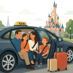 Illustration d’un transfert en taxi vers Disneyland Paris, pensée pour rassurer les familles et voyageurs pressés. L’ambiance doit évoquer confort, ponctualité et simplicité de réservation.