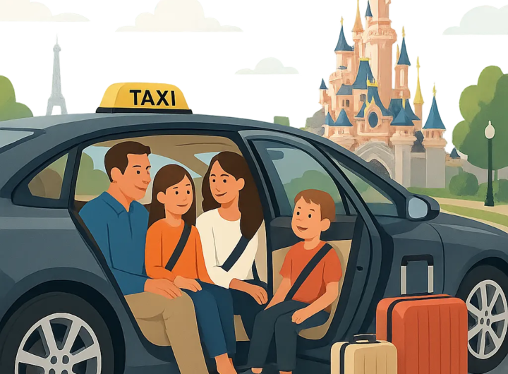 Illustration d’un transfert en taxi vers Disneyland Paris, pensée pour rassurer les familles et voyageurs pressés. L’ambiance doit évoquer confort, ponctualité et simplicité de réservation.