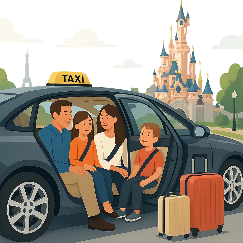 Illustration d’un transfert en taxi vers Disneyland Paris, pensée pour rassurer les familles et voyageurs pressés. L’ambiance doit évoquer confort, ponctualité et simplicité de réservation.
